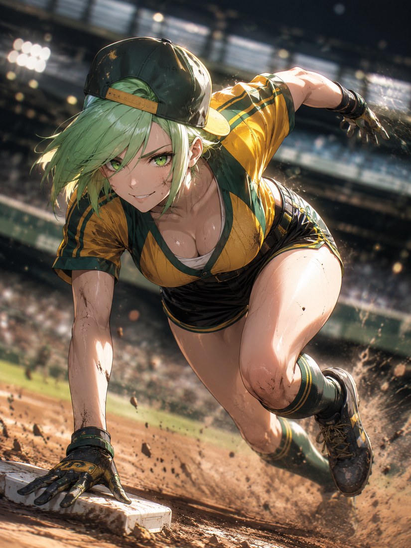 Haru, a green-haired speedster in a green-and-yellow uniform, diving into a base.