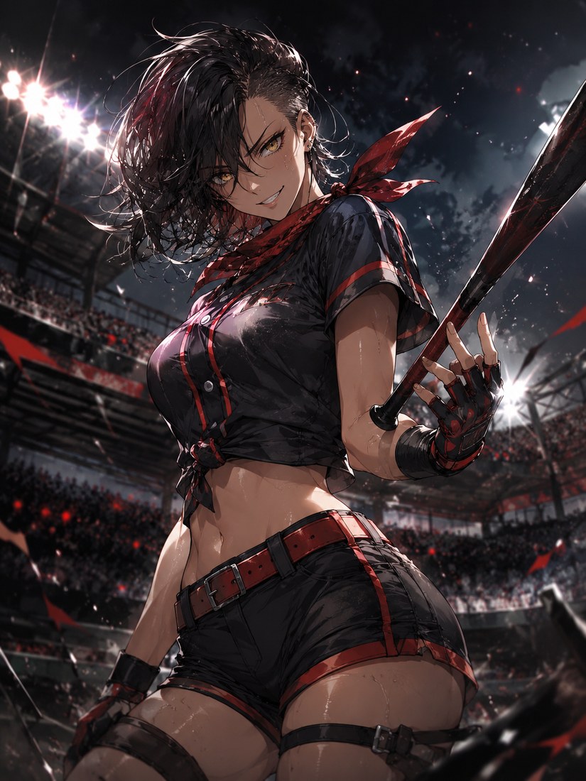 Rex, a rival with short dark hair, a red bandana and a fearless smirk, bat in hand.