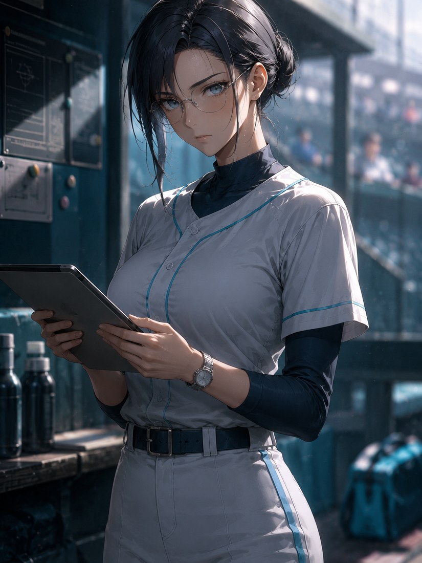 Sena, a studious girl with black hair and glasses, holding a scouting notebook.