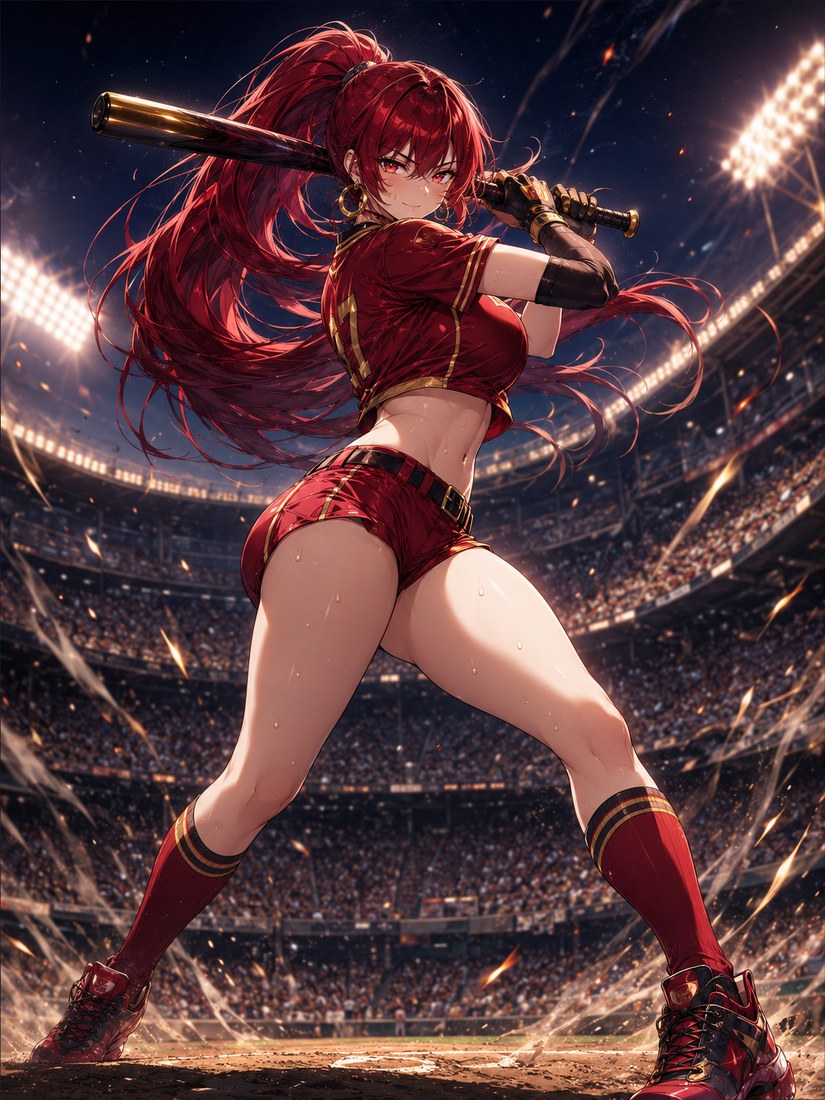 Victoria, a cleanup hitter with flowing red hair, bat raised high under the stadium lights.