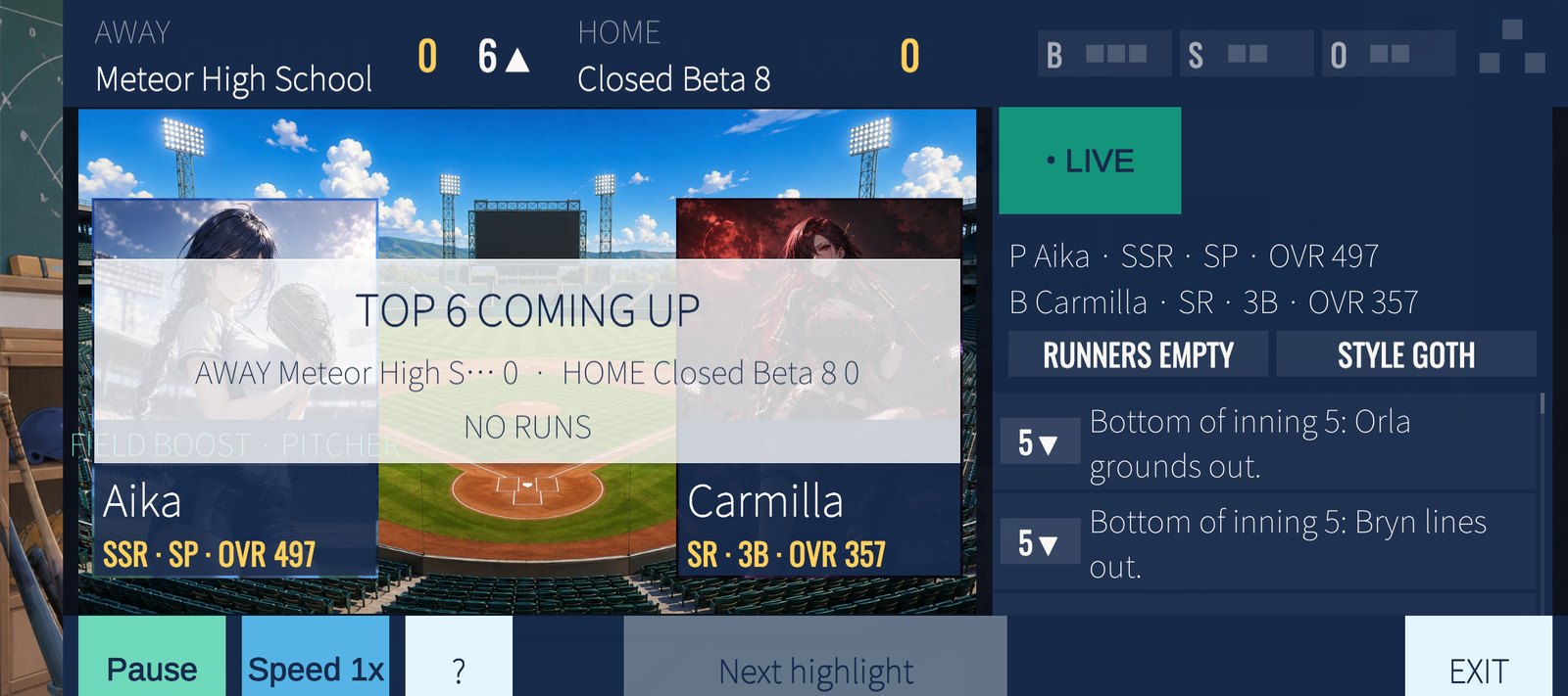 A live match: Aika pitching against Carmilla, the inning banner and the play-by-play log.