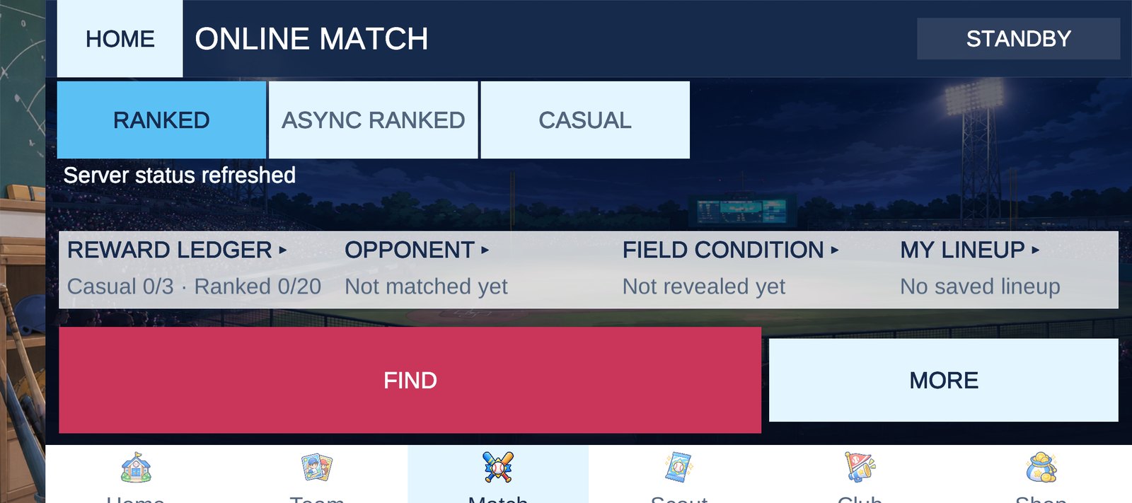 The online match lobby: ranked, async ranked and casual queues with the reward ledger.