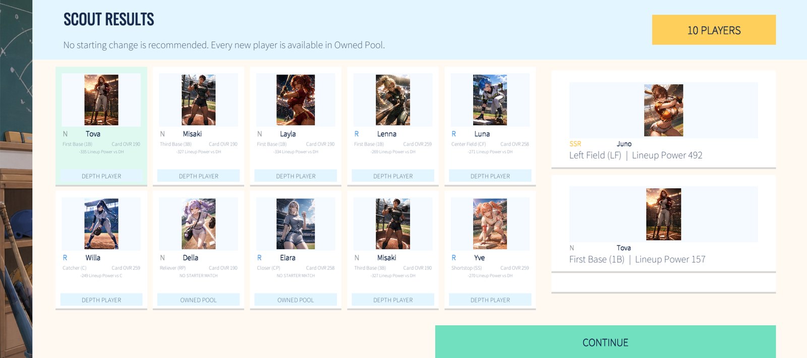 Scout results: a ten-pull laid out as ten player cards.
