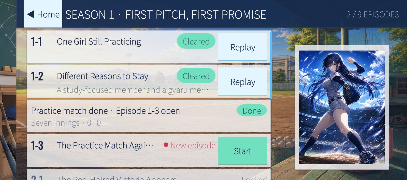 The Season 1 episode list: 1-1 and 1-2 cleared, the practice match done, 1-3 open, 2-1 locked.