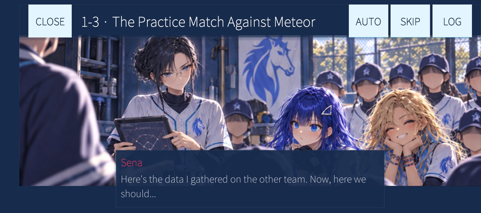 Story episode 1-3: Sena, Yuna and Aria in the dugout, a dialogue line below the illustration.