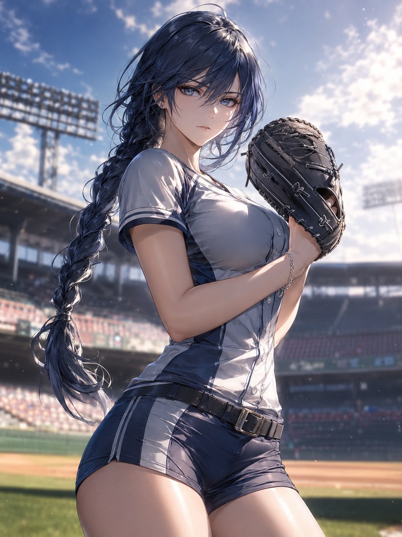 Aika, Meteor High's first-year ace with a long dark braid, glove raised, staring down the batter.