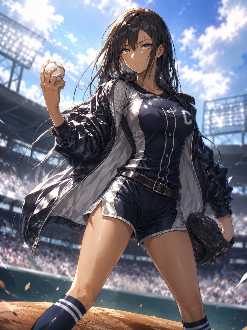 Haruka, a captain in a navy uniform with a team jacket over her shoulders, holding a ball on the field.
