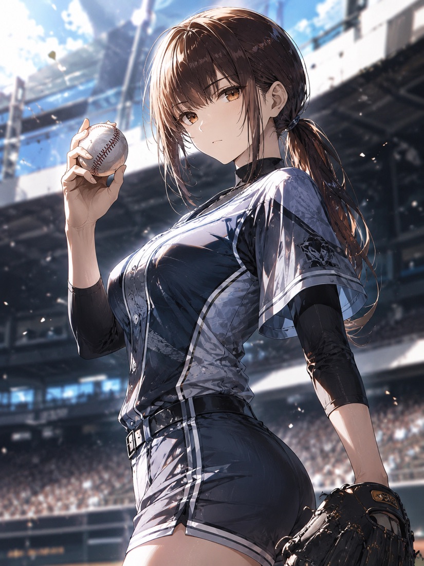 Mirin, a pitcher with a chestnut ponytail and amber eyes, gripping a baseball before her windup.