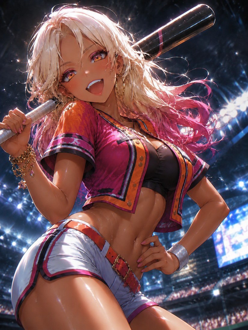 Ruka, a tanned gal with white-and-pink hair and hoop earrings, bat over her shoulder under the stadium lights.