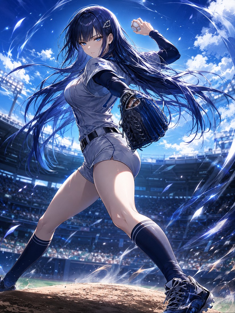 Yuna, a pitcher with long indigo hair and a silver hairpin, mid-windup on the mound in a packed stadium.